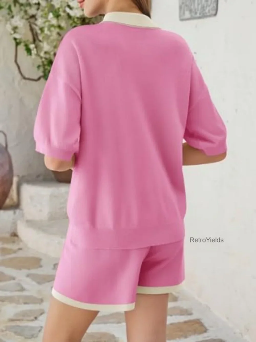 2 Piece Knit Short Set Short Sleeve Collared Top Matching Lounge Outfit